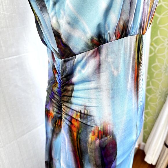 CREOLA Women A-Line Dress Sz 44/8 Multicolor Abstract Print Stretch V-Neck Italy - Picture 4 of 16